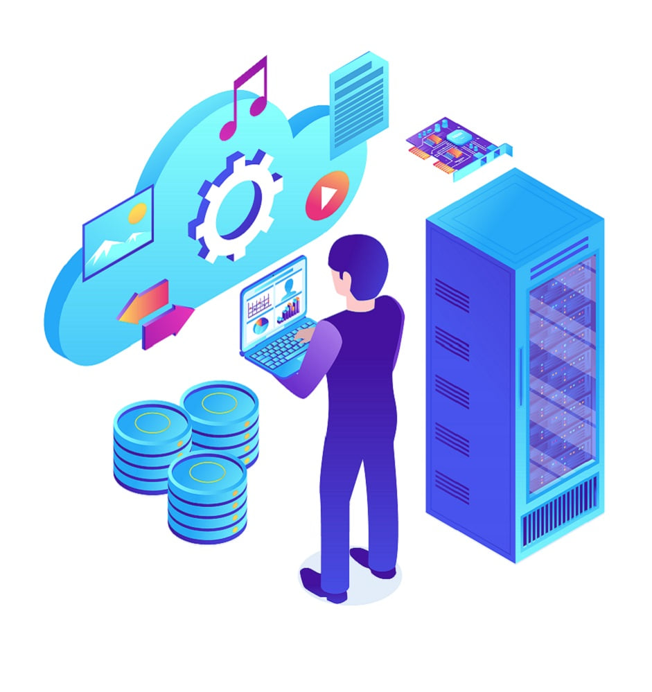 Isometric illustration of a person managing cloud services on a laptop, connected to a cloud icon displaying media files, documents, and system settings. Surrounding elements include a server rack, data storage disks, and a graphics card.