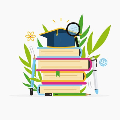 Stack of books with a graduation cap, magnifying glass, pens, and educational symbols representing learning and academic achievement
