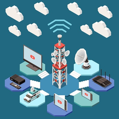 Illustration of a telecom tower transmitting signals to various devices including satellite dishes, routers, TVs, smartphones, and broadcast vehicles, representing modern communication infrastructure