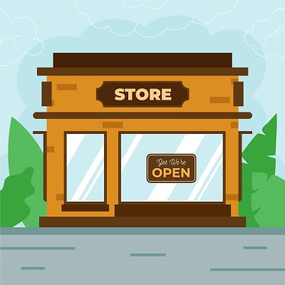 Illustration of a storefront with a sign that says "Yes, we're open," representing a small business or retail shop