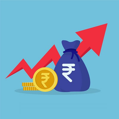 Illustration of Indian rupee coins and a money bag with an upward red arrow, symbolizing financial growth and economic progress