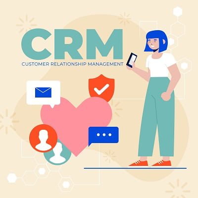 Illustration of a woman using a smartphone with CRM icons like email, chat, and user profiles, representing customer relationship management