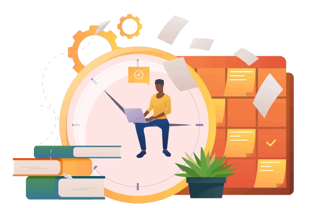Illustration of a person sitting on a clock hand while working on a laptop. Surrounding them are flying papers, a task board with sticky notes, gears, books, a potted plant, and a paper plane