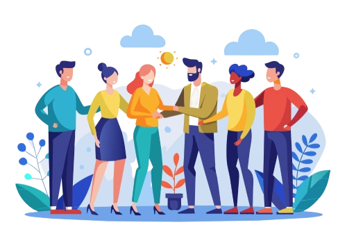 Illustration of six diverse adults standing together outdoors, smiling and interacting. Two people in the center are shaking hands, while others stand in a friendly, supportive manner. The background includes plants, clouds, and a sun