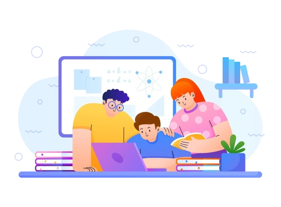 Illustration of a 3 people studying together using a laptop, surrounded by books and a whiteboard with math and science diagrams in the background.